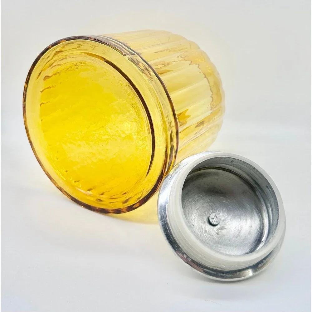 Vintage Amber Artland Apothecary ribbed glass Canister Jar Silver Lid